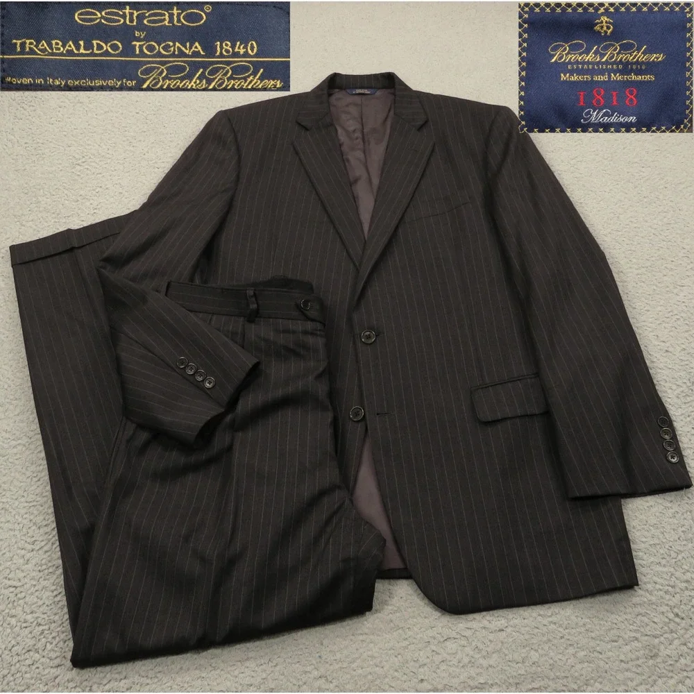 Brooks Brothers 44L Madison Estrato Charcoal Pinstripe Suit Pleated Pant 38x32